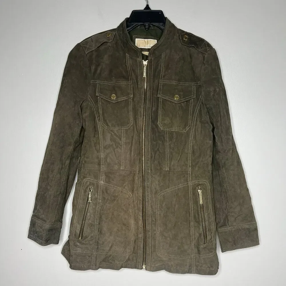 Michael Kors Suede Leather Jacket Vince Coat Full Zip Green *No Belt Large *Flaw